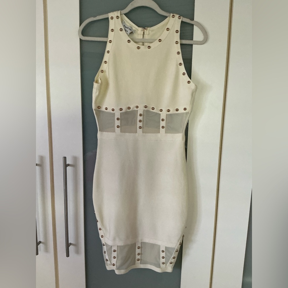 BEBE Ivory Studded Mesh Panel Sleeveless Dress Small NWOT